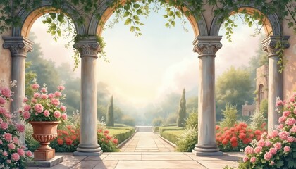 Classical garden illustration with marble columns arches, flowers. Landscape view in vintage style. Roman patio with rose garden. Elegant botanical pattern wallpaper for romantic event backdrop