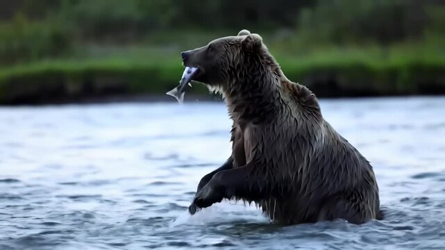 Brown bear with fish in the water of a river in a forest.
