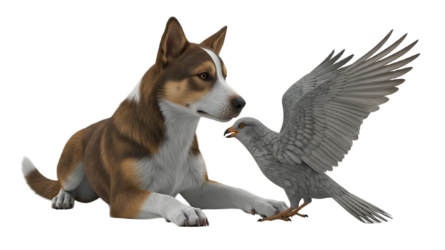 A brown and white dog lying down looking at a gray bird with its wings spread on a black background