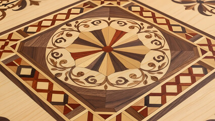 Detailed marquetry pattern showcasing geometric shapes and swirling floral motifs in contrasting wood tones, a demonstration of craftmanship and design harmony, perfect for high end decor use.