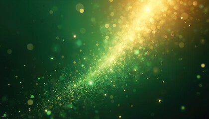Abstract green, gold light ray shines brightly. Glittering particles burst across dark background. Bokeh effects create sparkling design. Luminous energy pattern vibrant, modern. Offers futuristic,