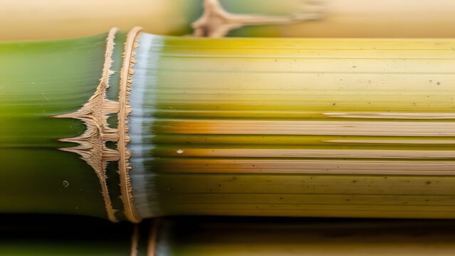 Close-up captures the organic textures and vibrant hues of stacked bamboo stalks, showcasing their cylindrical forms and the unique segmentation that defines their natural structure and material