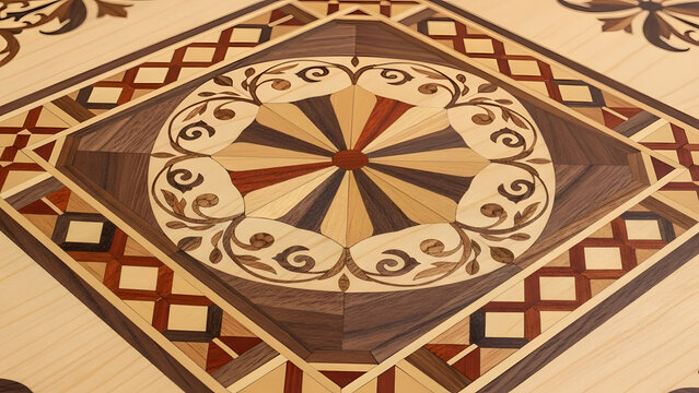 Detailed marquetry pattern showcasing geometric shapes and swirling floral motifs in contrasting wood tones, a demonstration of craftmanship and design harmony, perfect for high end decor use.