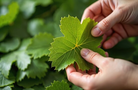 Person holds fresh green grape leaf, preparing for dolmades stuffing. Close-up shows delicate veins, preparing raw ingredient for cooking traditional mediterranean meal. Leaf perfect for stuffed dish.