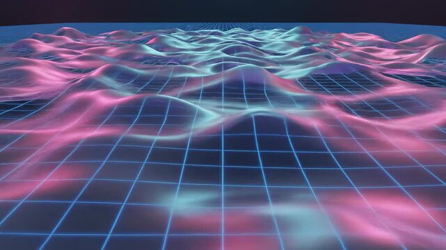 Abstract Geometric Landscape: An artistic and eye-catching digital rendering of a dynamic, undulating landscape, where flowing waves intersect with a structured grid.