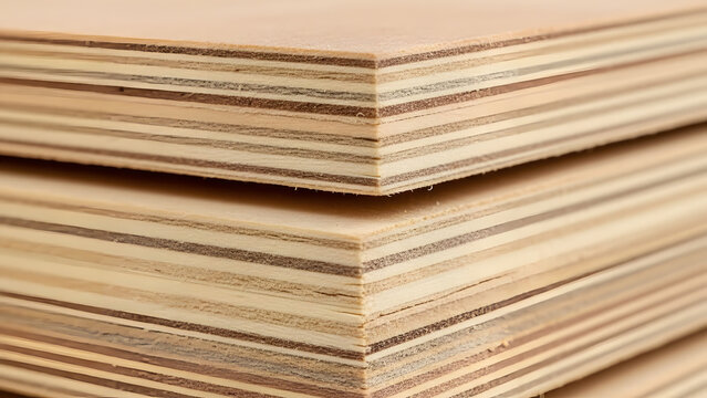 A stack of freshly cut plywood sheets, showcasing the layered wood grain and the warm, natural tones of the material with a soft, diffused light accentuating the texture.