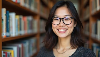 Asian girl in eyeglasses smiles at library. Student with glasses poses near bookshelf. Young female looks at camera at reading hall. Woman studies at university. Education concept portrait. Academic