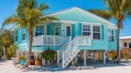 Fototapeta premium Florida coastal home with pale turquoise walls white shutters and tropical palms built on stilts with open balcony