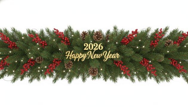 Festive 2026 Happy New Year Garland with Pine, Berries, and Lights, Generative AI