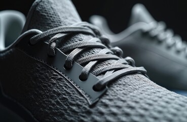 Close up of grey athletic shoe with laces tied. Modern sneaker detail shows textured fabric and stitching. Focus on footwear for running or gym.