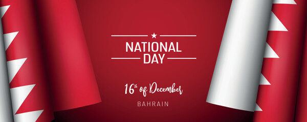 Bahrain national day vector banner, greeting card. Bahraini wavy flag in 16th of December national patriotic holiday horizontal design