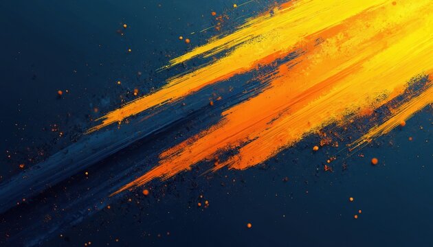 Abstract design art with diagonal yellow and orange brush strokes on dark blue backdrop. Illustration evokes feelings of energy creativity. Suitable for backgrounds design