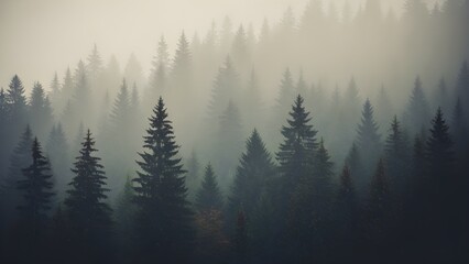 Misty Fir Forest Landscape in Hipster Vintage Retro Style