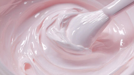 Close-up of brush coated in smooth pink cream, mid-stir. Glossy texture and warm tone evoke skincare rituals, cosmetic elegance, and tactile product appeal.