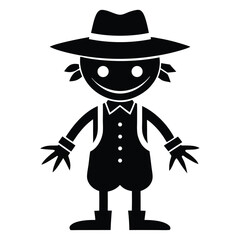 Isolated scarecrow character smiling and standing in traditional farmer attire, complete with hat and boots