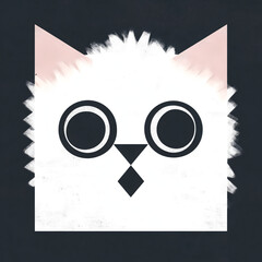 Minimalist geometric cat illustration with bold circular eyes, simple triangles and abstract square shape, modern graphic design featuring soft textured edges and pink ear accents
