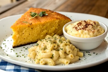 A delicious slice of cornbread, creamy mac and cheese, sprinkled