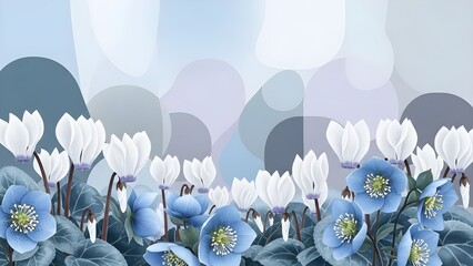 Floral illustration featuring blue and white flowers against an abstract background