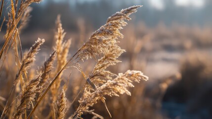 Fototapeta premium Frost-dusted meadow grass glowing in morning sunlight crystalline textures rendered sharply natural shadows define delicate edges exposure balanced