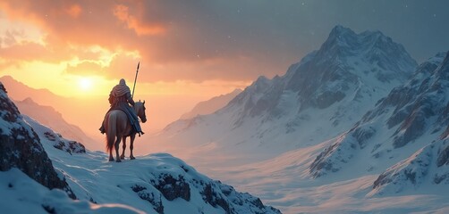 Lone rider on horseback surveys a vast snowy mountain range during a dramatic winter sunset. The figure stands silhouetted against the colorful sky, spear in hand, a solitary traveler.