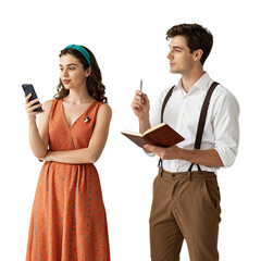 Young man with notebook and woman with phone posing together