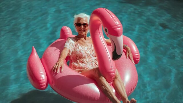 Senior woman enjoying a sunny day floating on a pink flamingo pool float, showcasing relaxation and joy, camera gradually zooms in to capture her smile