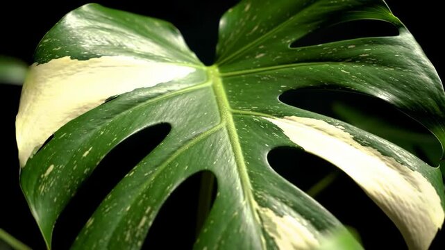 Variegated green plant leaf with holes on a dark background