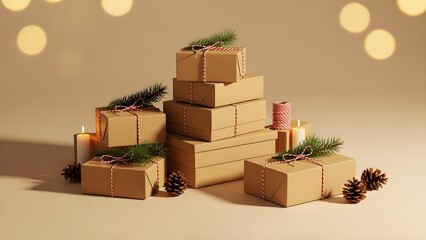 Stacked gift boxes with pine branches and bokeh lights holiday concept