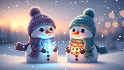Two cheerful snowmen in winter scene holding glowing ornaments and snowflake