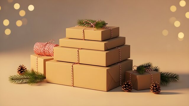 Stacked gift boxes with pine decorations and string on a beige background