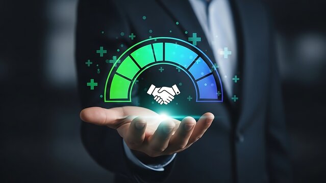 Businessman holding virtual handshake gauge for successful partnership and collaboration