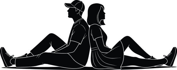 Silhouette of young couple sitting back to back on ground, relaxed posture, peaceful moment, relationship concept, casual clothing, minimalist black illustration