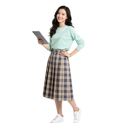 Young woman holding tablet wearing casual outfit