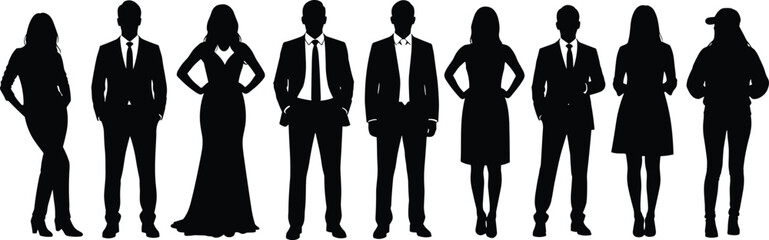 Silhouettes of diverse men and women standing in a line representing business, fashion, teamwork, unity, leadership, professionalism, collaboration, modern workforce.