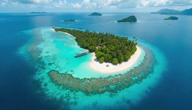 Aerial view shows stunning tropical island paradise. Green palm trees cover land. White sand beach meets vivid turquoise ocean water. Large boat rests near shore. Vibrant coral reefs appear in clear