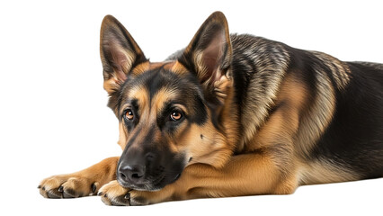 A german shepherd dog lying down with its head resting on its paws against a black background