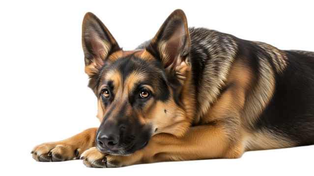 A german shepherd dog lying down with its head resting on its paws against a black background