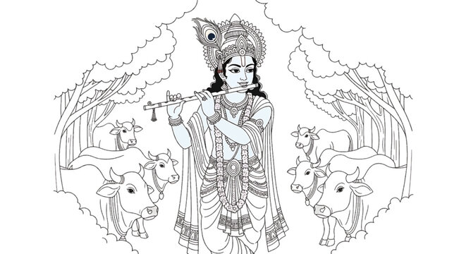 Lord Krishna Playing Flute Surrounded by Cows and Trees in Indian Art Style.