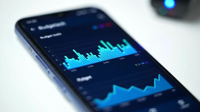Smartphone displaying financial data, charts and budget statistics - Powered by Adobe