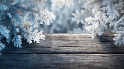 Frosted snowy texture layered across rustic wooden background illuminated softly by cool directional light shadows crisp and natural