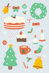 Christmas vector set with festive wreath, cake, candles and holiday icons
