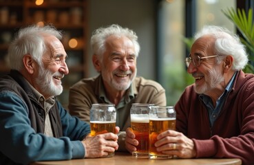Three senior men with white hair drink beer in a pub. Old friends smile talk and enjoy time together. Elderly people relax and have fun drinking at the bar.