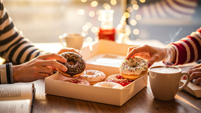 Friends sharing donuts and coffee at the table with warm lighting  
