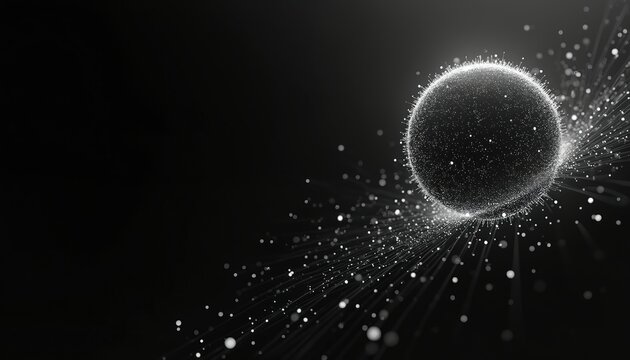 Abstract concept with luminous sphere over dark space. Many glowing particles move around sphere. Network connection with data stream. Futuristic tech design for banner or wallpaper use.