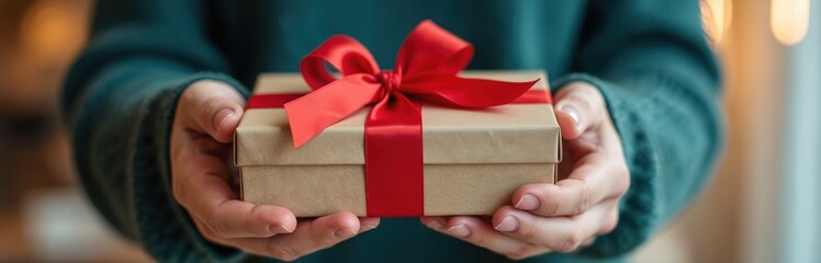 Person presents gift with red bow. Hands hold present box tied with festive ribbon. Reward client concept. Surprise for holiday. Bonus from retail shop loyalty program.