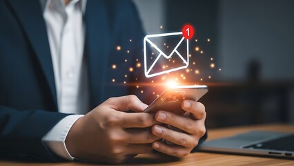 Businessman checking email on smartphone with new message notification icon