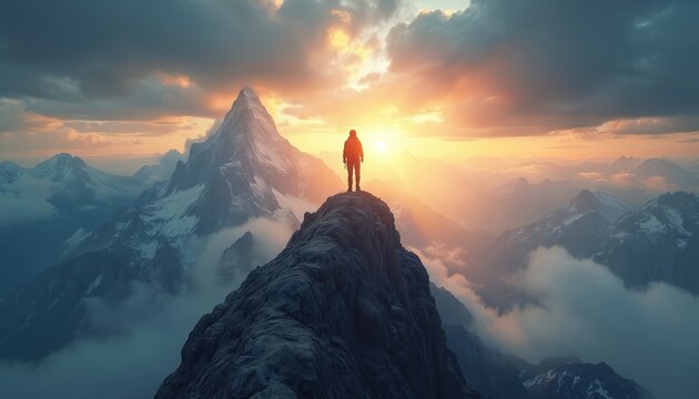 Lone climber stands on mountain peak at golden hour. Person enjoys sunrise sunset view over vast, cloudy landscape with snowy peaks. Shows triumph, courage, adventure after long hard journey up high,