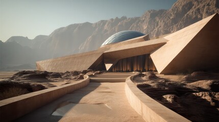 Futuristic desert library with matte sandstone and solar dome harsh midday side light creating deep edge shadows and
