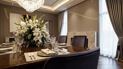 Elegant dining room showcases luxurious table setting and chandelier, promising memorable gatherings and sophisticated entertaining in upscale home