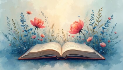 Open book in blooming flowers and greenery, symbolizing imagination and knowledge growth. Artistic illustration for literature or springtime themes. Tale unfolds into nature.